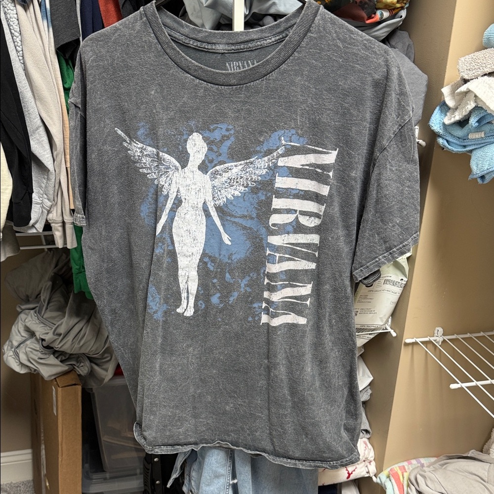 NIRVANA Black Tee with White Angel and Blue Accents